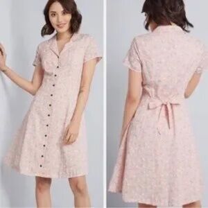 Modcloth Daytime Dynamo Gingham Floral cotton Shirtdress Sz 14 lined cottagecore